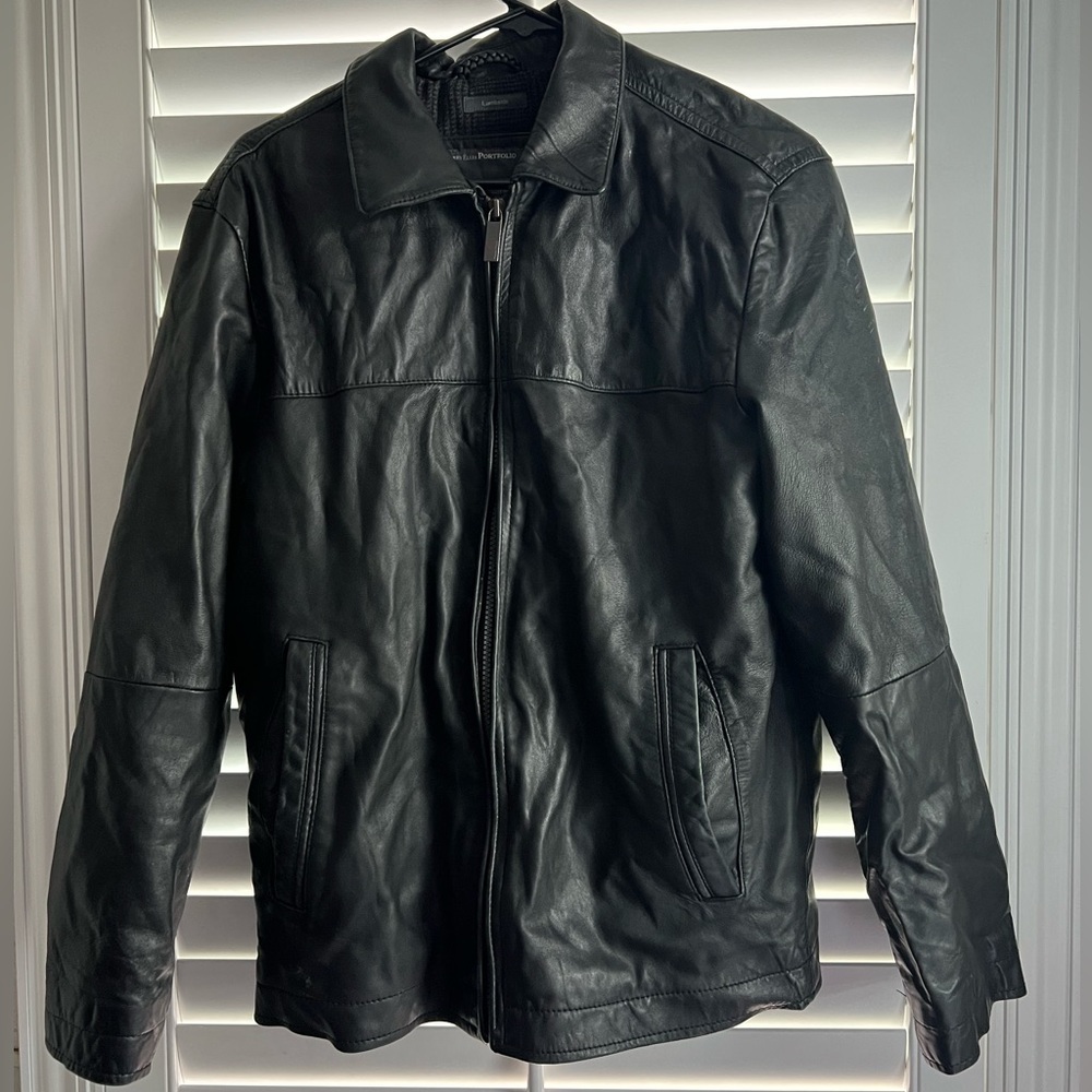 Perry Ellis Portfolio Genuine Leather Black Jacket Size Large